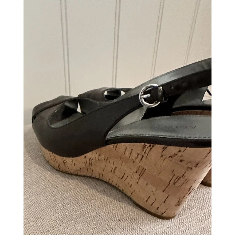 Marc Fisher Brown Patent Faux Leather Cork Wedges,‎ Open Toe, Size 8.5M